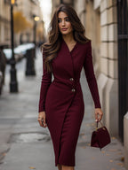 Eva | Burgundy Wrap-Style Buttoned Midi Dress
