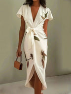 Judy | White Leaf Short Sleeve Midi Dress