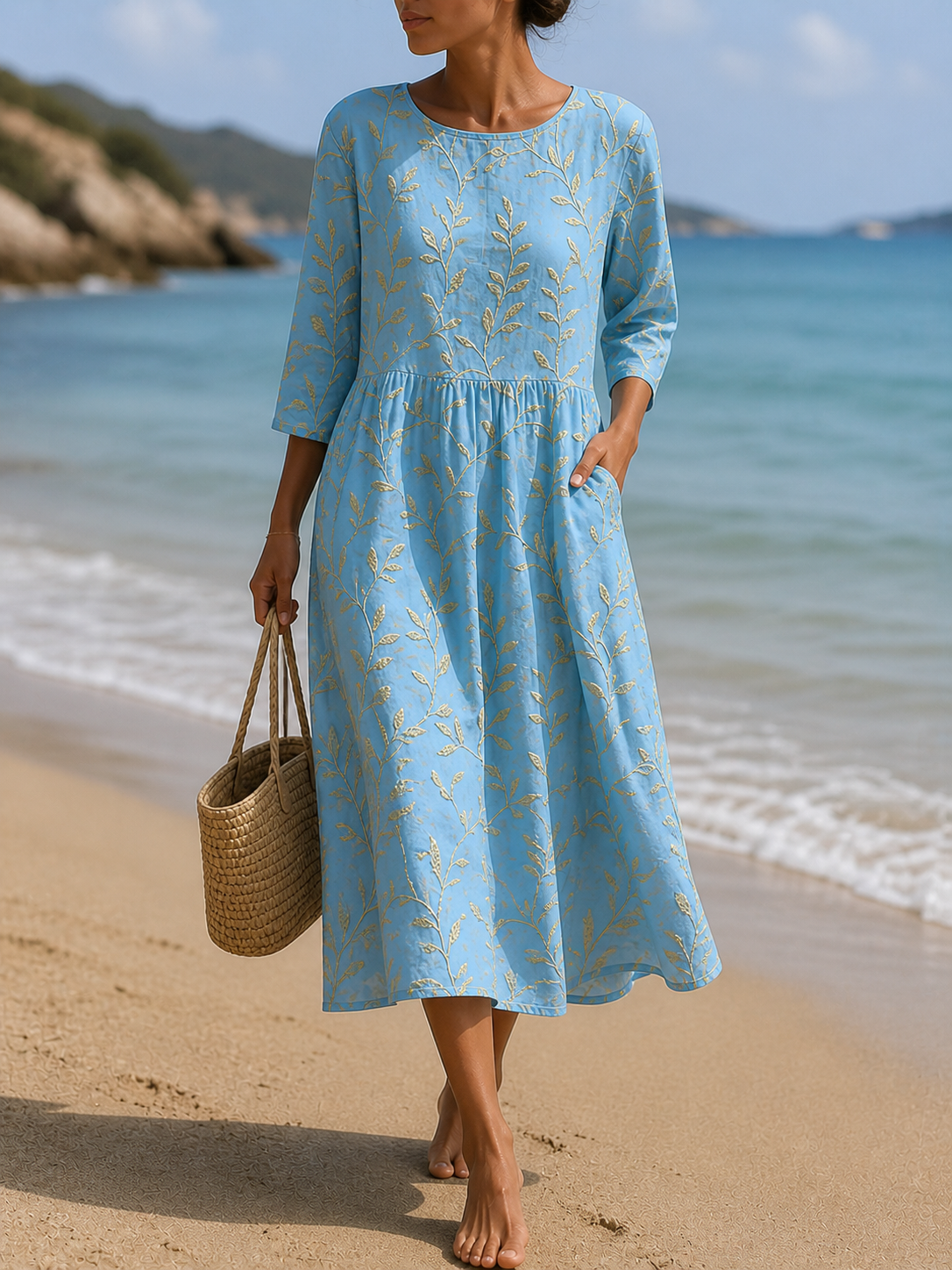 Natalie | Plant & Flower Print Round Neck Midi Dress