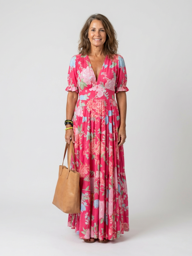 IONE | SHORT SLEEVE V NECK FLORAL MIDI DRESS