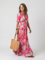 IONE | SHORT SLEEVE V NECK FLORAL MIDI DRESS
